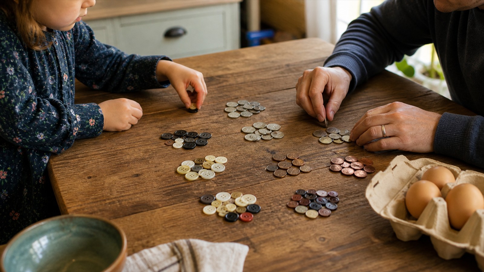 Parent and child at a kitchen table sorting coins and buttons into groups of ten