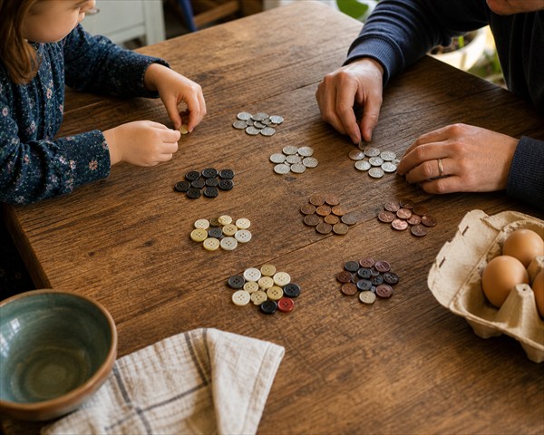 Parent and child at a kitchen table sorting coins and buttons into groups of ten